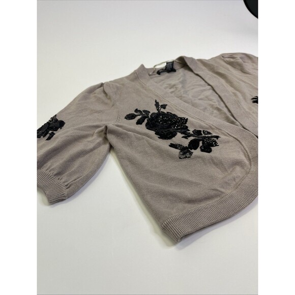 INC Cropped Cardigan Petite M Beige Floral Sequin Open Front Sweater - Picture 5 of 8